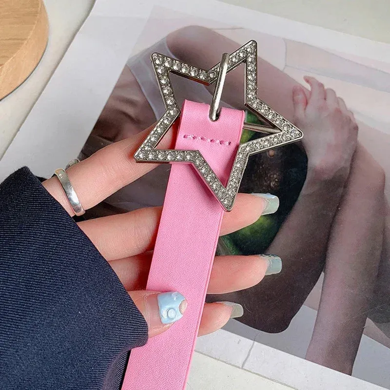 ✨ Kawaii Star Rhinestone Belt 💖 Y2K Pink PU Leather Fashion Accessory for Trendy Styles 🌟
