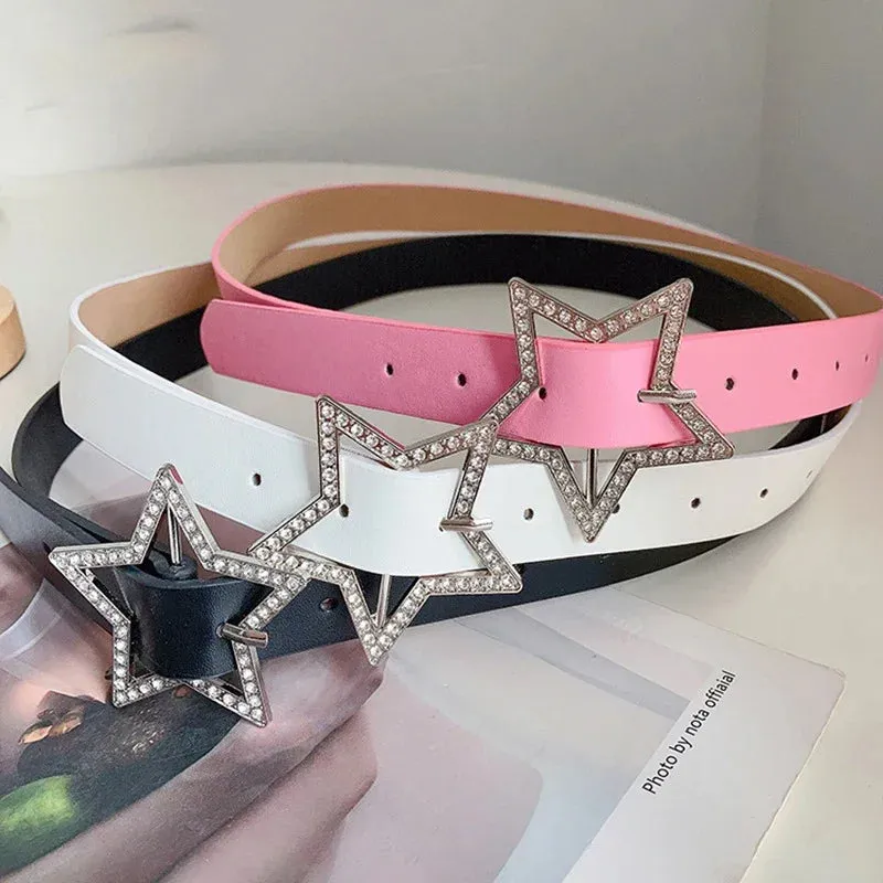 ✨ Kawaii Star Rhinestone Belt 💖 Y2K Pink PU Leather Fashion Accessory for Trendy Styles 🌟