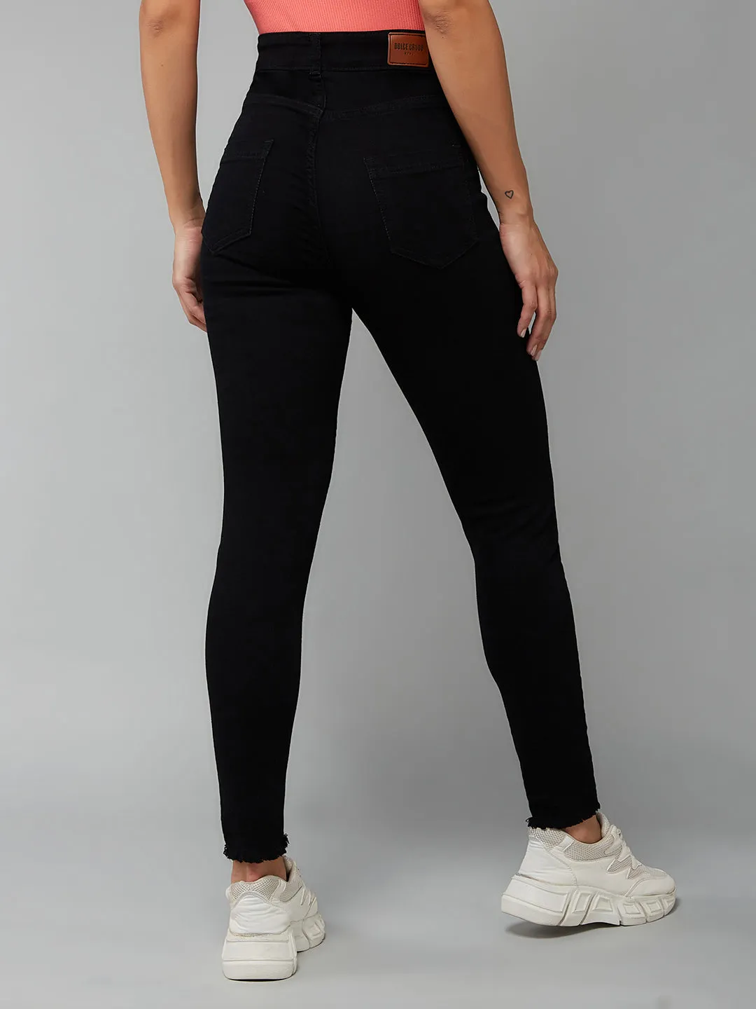 24/7 Comfort Black Skinny Fringed Detailing High-Rise Cropped Stretchable Denim Jeans