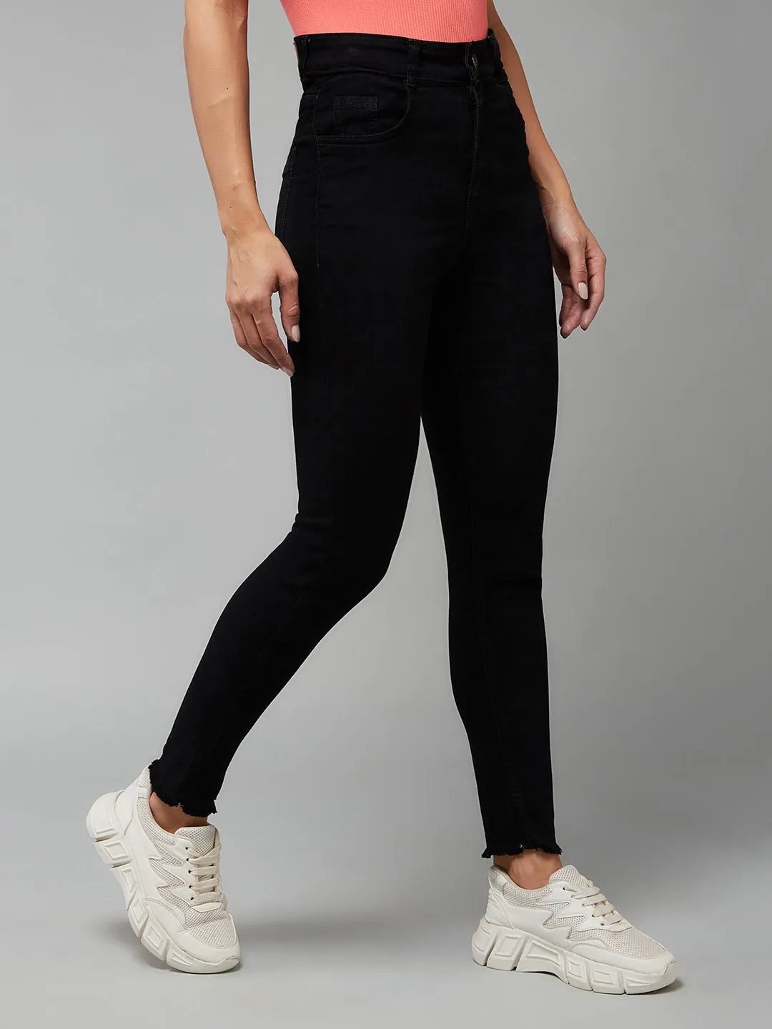 24/7 Comfort Black Skinny Fringed Detailing High-Rise Cropped Stretchable Denim Jeans