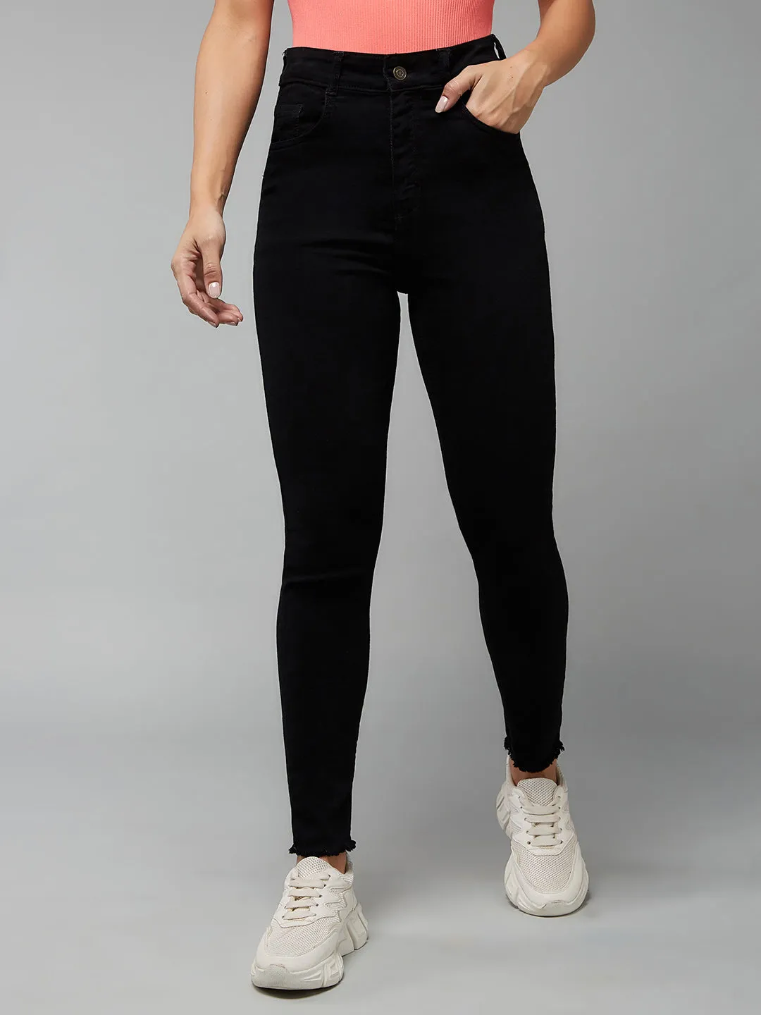 24/7 Comfort Black Skinny Fringed Detailing High-Rise Cropped Stretchable Denim Jeans