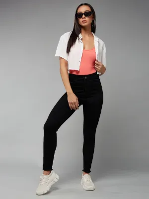 24/7 Comfort Black Skinny Fringed Detailing High-Rise Cropped Stretchable Denim Jeans