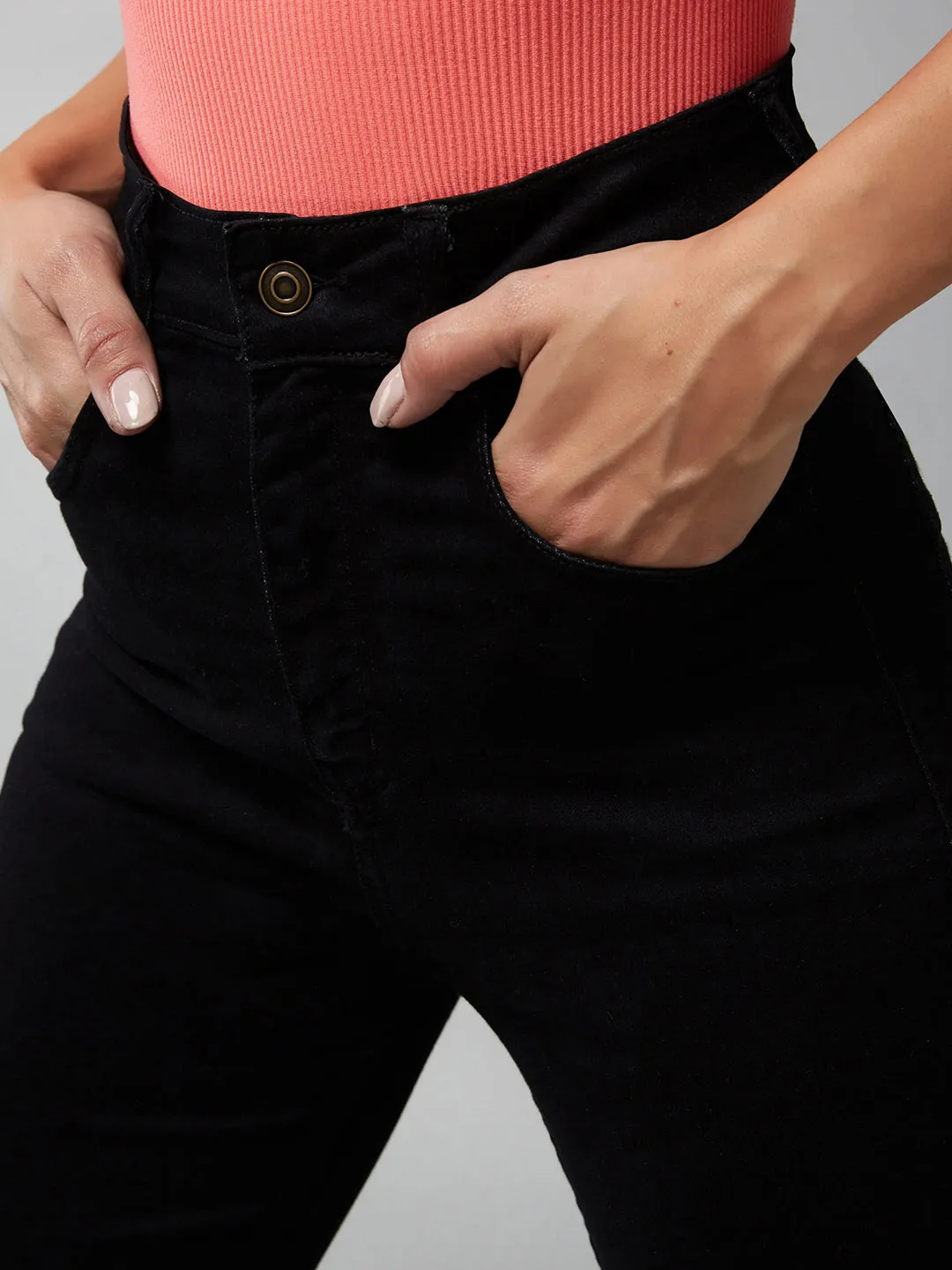 24/7 Comfort Black Skinny Fringed Detailing High-Rise Cropped Stretchable Denim Jeans