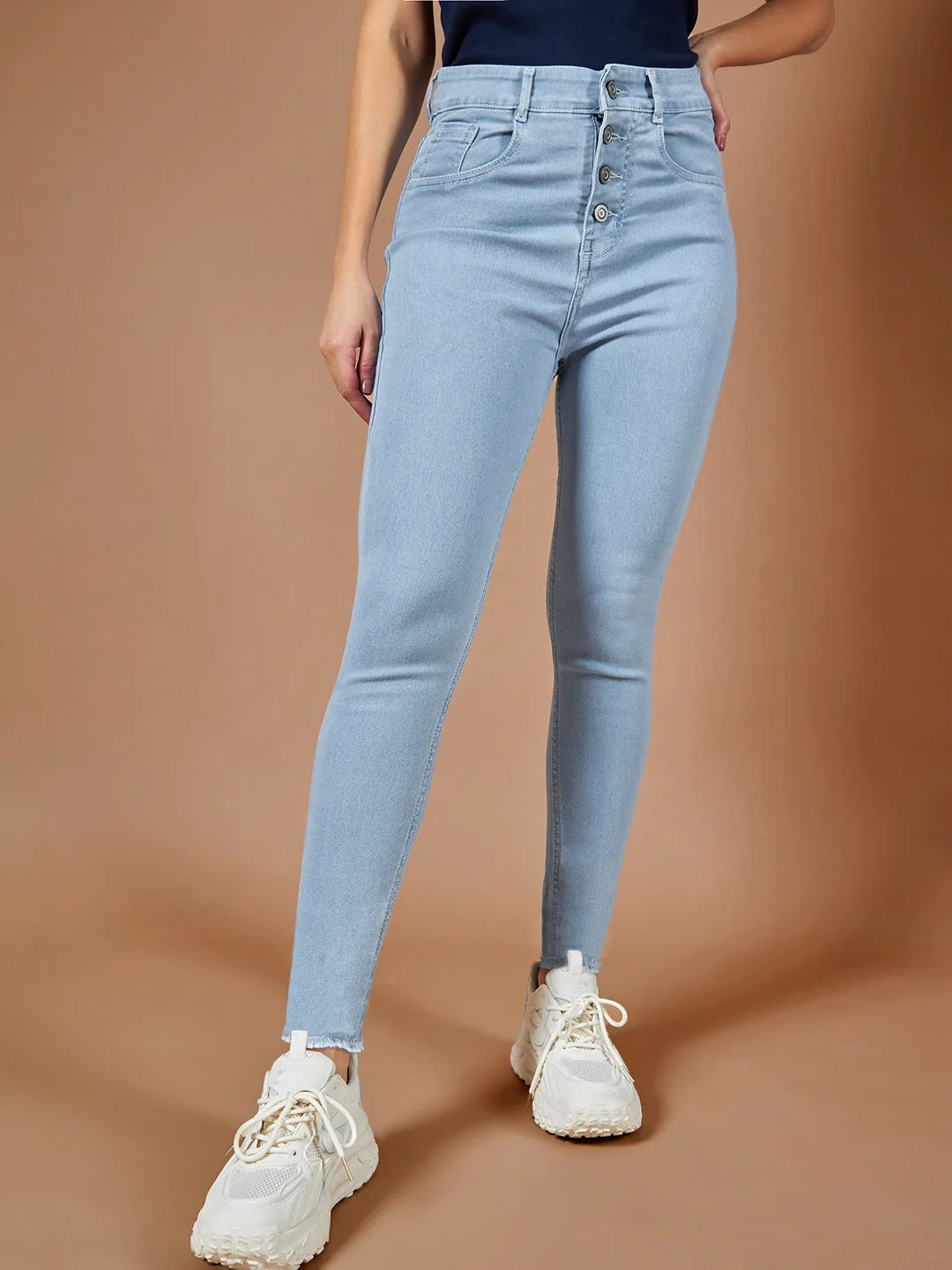24/7 Comfort Light Blue Skinny High-Rise Fringed Hemline Cropped Stretchable Denim Jeans