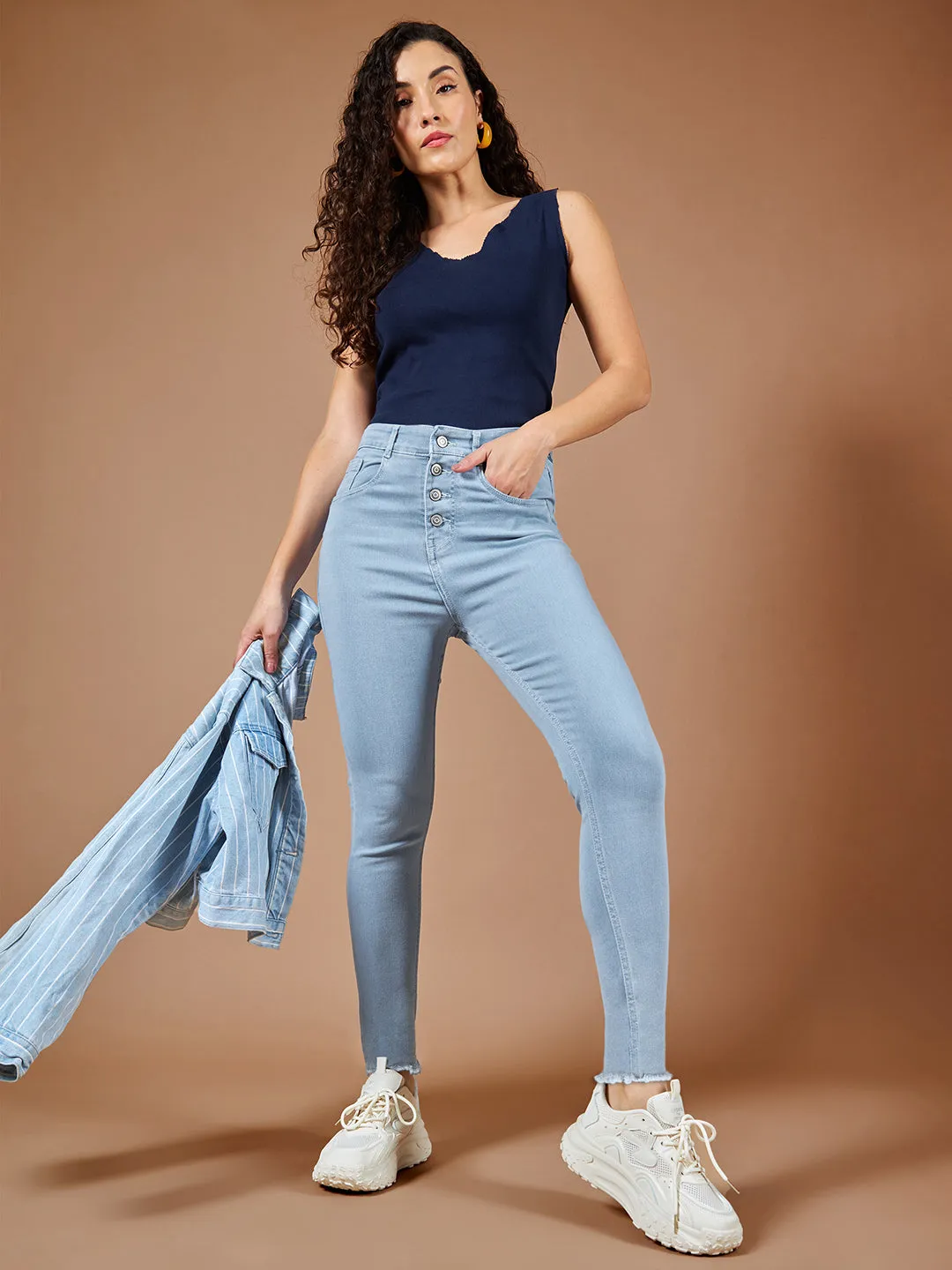 24/7 Comfort Light Blue Skinny High-Rise Fringed Hemline Cropped Stretchable Denim Jeans