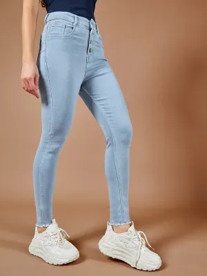 24/7 Comfort Light Blue Skinny High-Rise Fringed Hemline Cropped Stretchable Denim Jeans