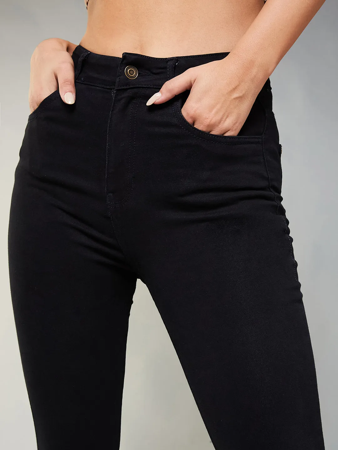 24/7 Women's Black Skinny High-Rise Clean-Look Regular Stretchable Denim Jeans
