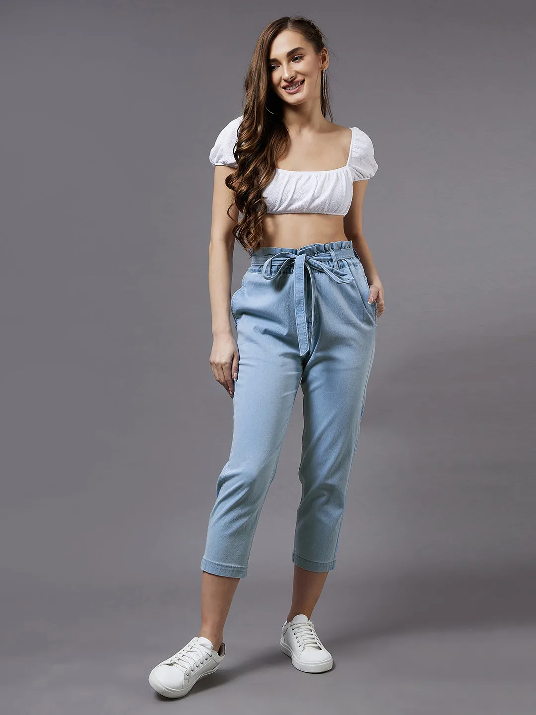 24/7 Women's Light Blue Paperbag High-Rise Clean-Look Regular Stretchable Denim Jeans