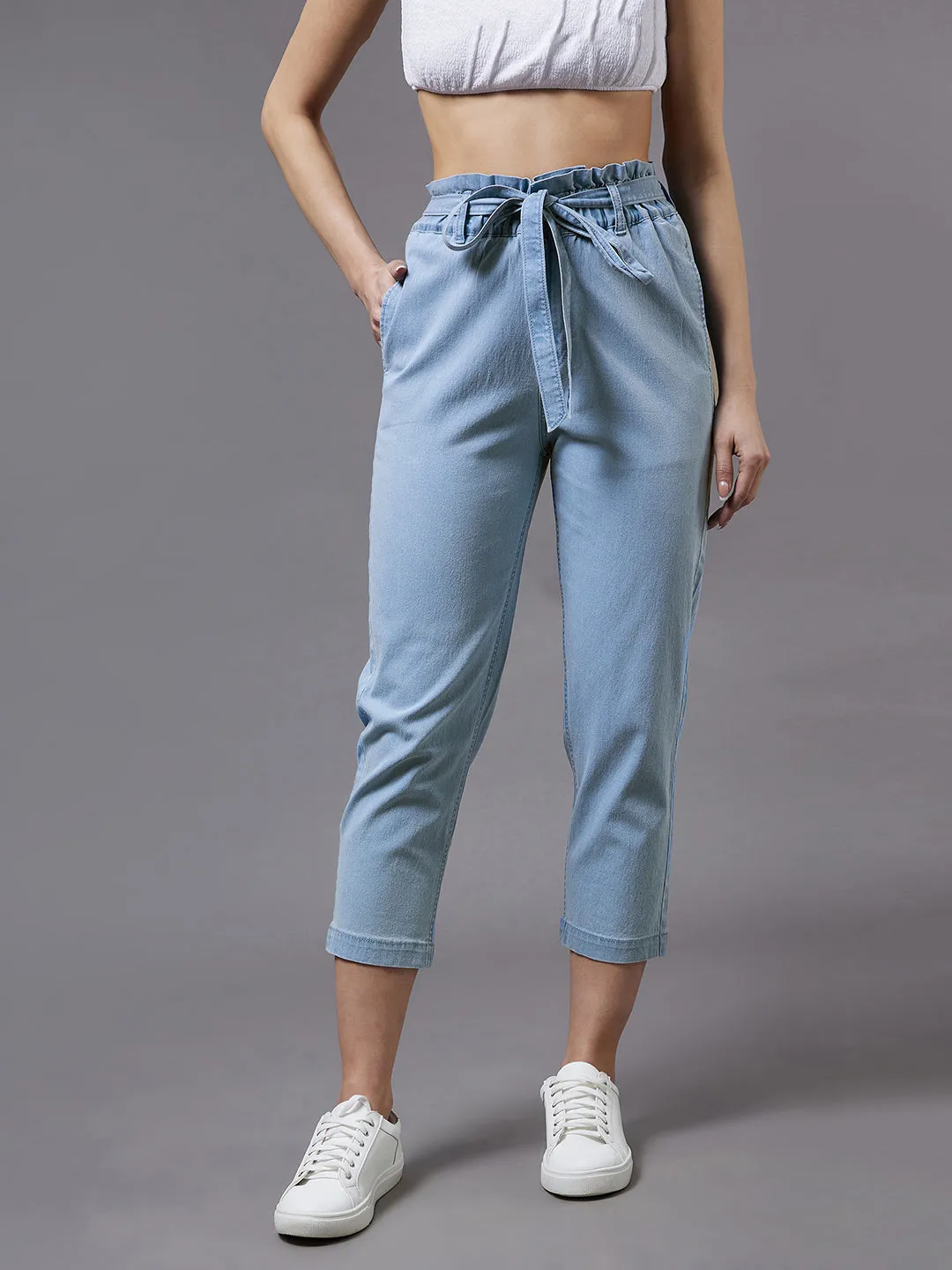 24/7 Women's Light Blue Paperbag High-Rise Clean-Look Regular Stretchable Denim Jeans