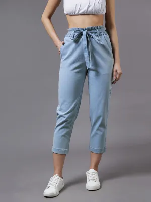 24/7 Women's Light Blue Paperbag High-Rise Clean-Look Regular Stretchable Denim Jeans