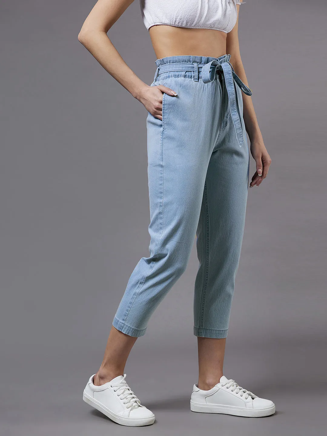 24/7 Women's Light Blue Paperbag High-Rise Clean-Look Regular Stretchable Denim Jeans