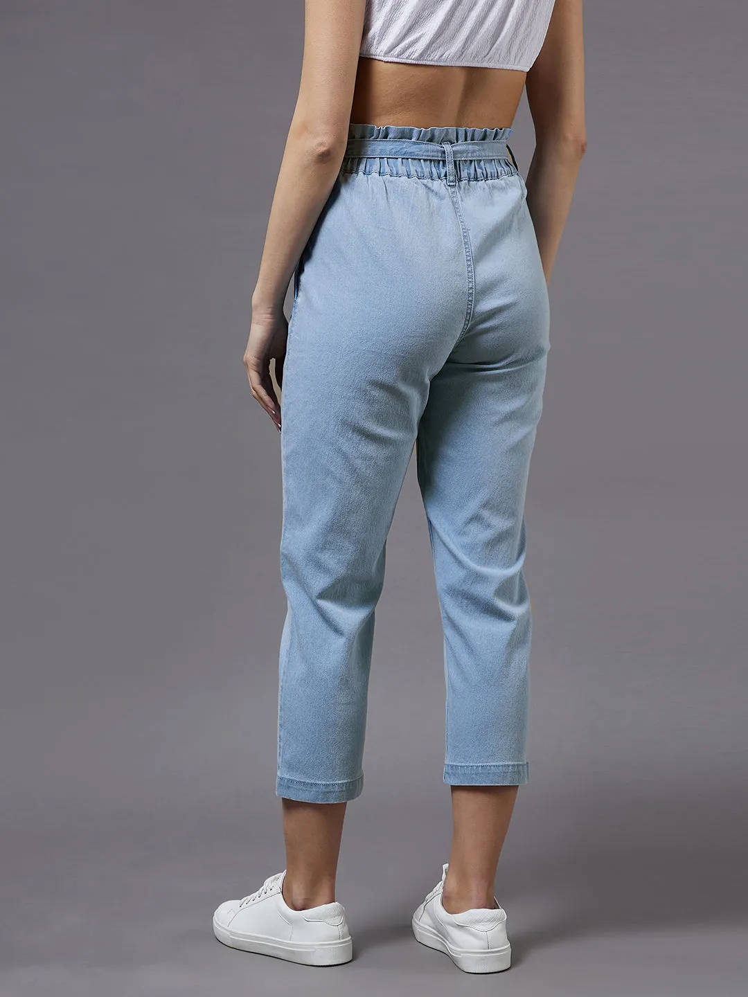 24/7 Women's Light Blue Paperbag High-Rise Clean-Look Regular Stretchable Denim Jeans