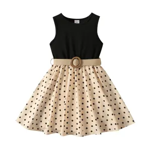 2pcs Girl Dresses Kids Clothes Girl Polka Dots Ribbed Girls Splice Sleeveless Dress & Belt