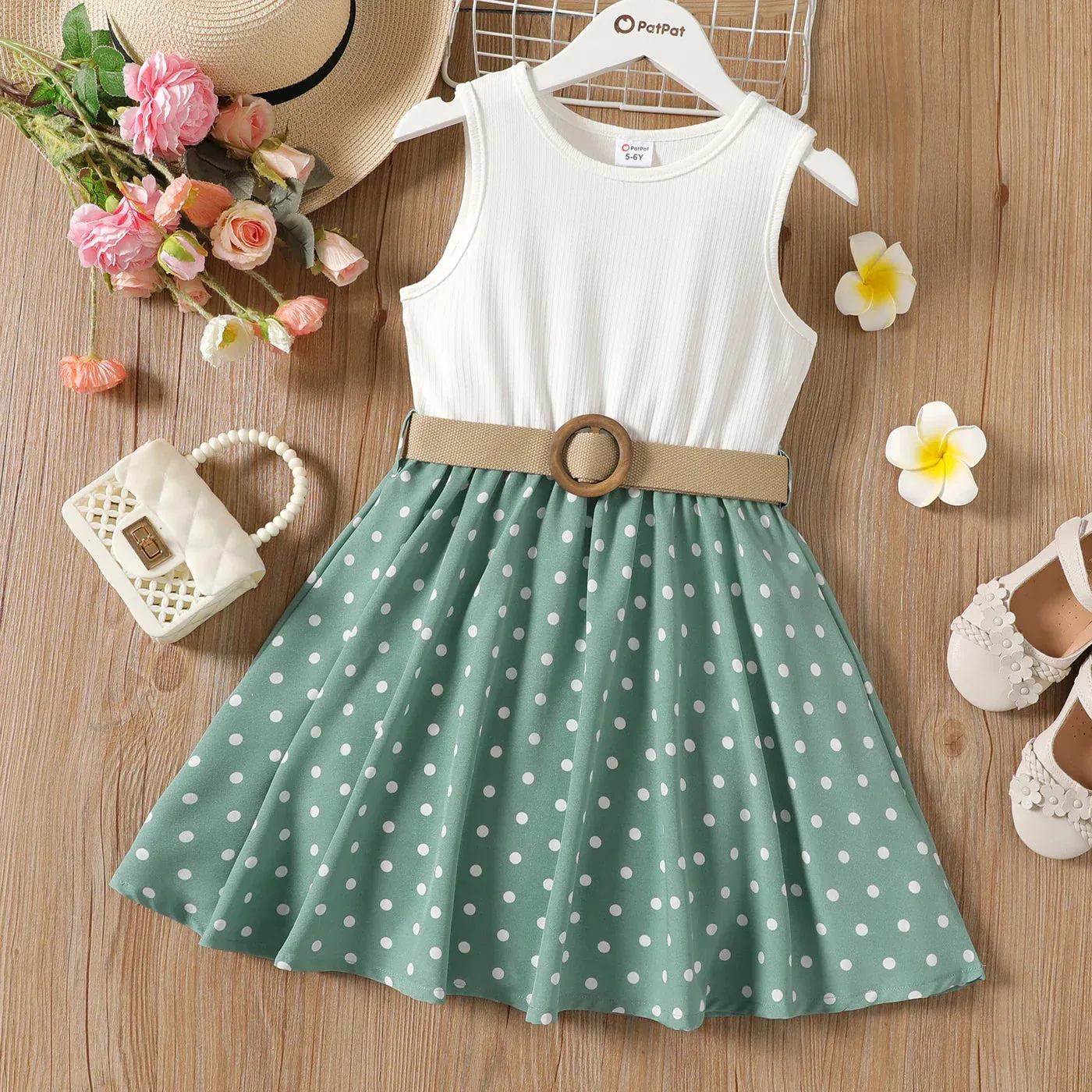 2pcs Girl Dresses Kids Clothes Girl Polka Dots Ribbed Girls Splice Sleeveless Dress & Belt