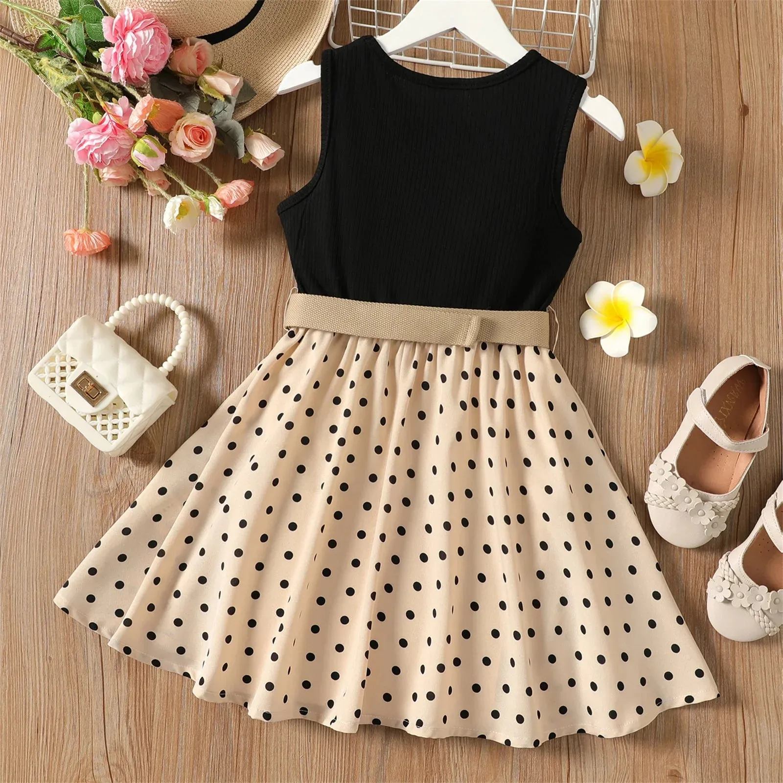 2pcs Girl Dresses Kids Clothes Girl Polka Dots Ribbed Girls Splice Sleeveless Dress & Belt