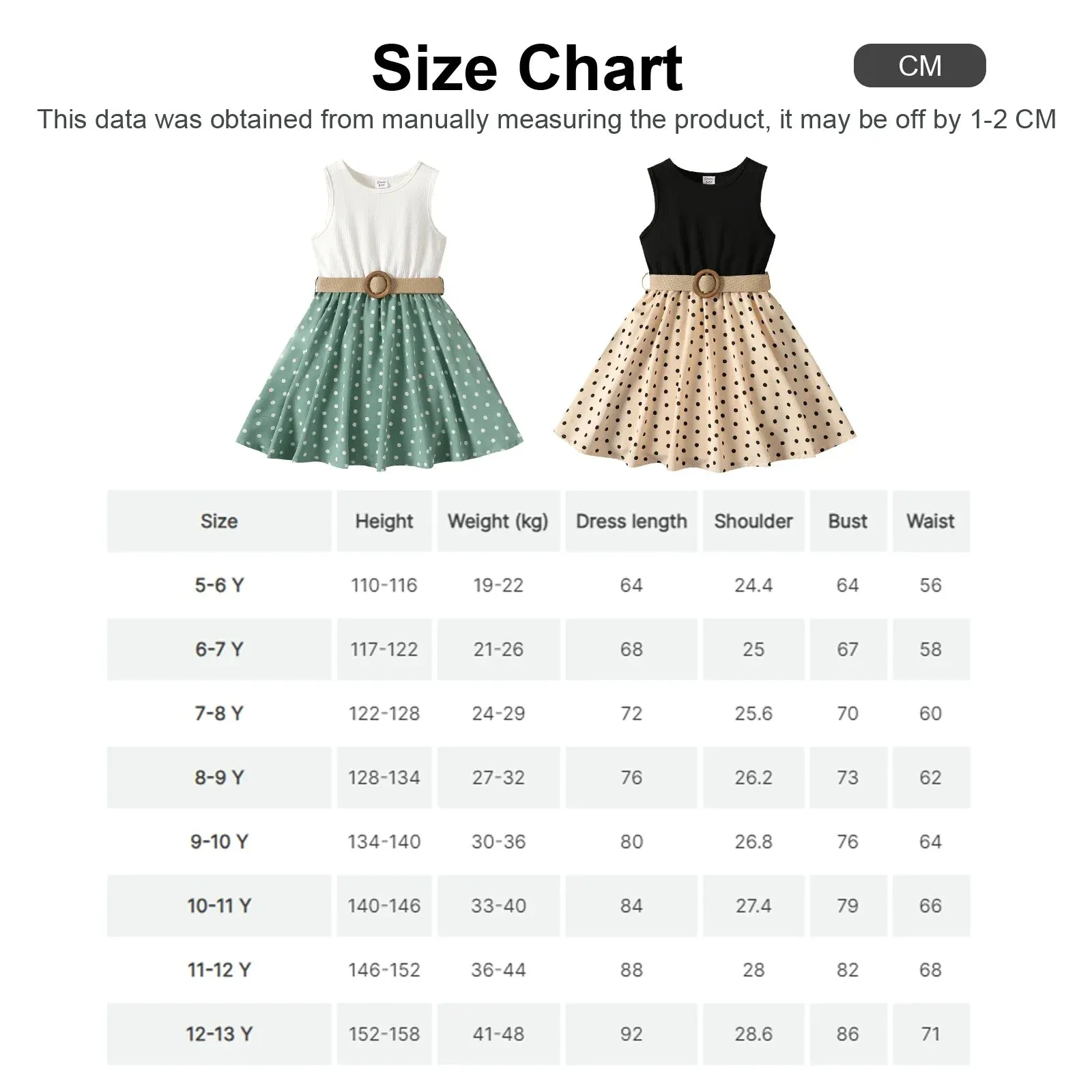 2pcs Girl Dresses Kids Clothes Girl Polka Dots Ribbed Girls Splice Sleeveless Dress & Belt