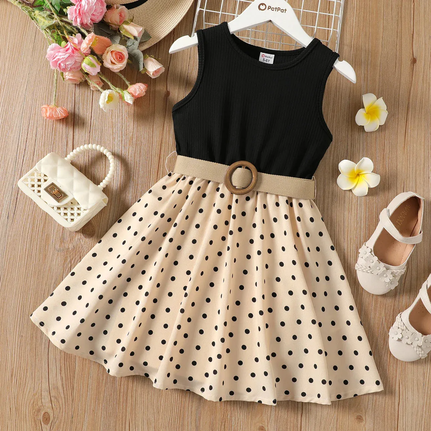 2pcs Girl Dresses Kids Clothes Girl Polka Dots Ribbed Girls Splice Sleeveless Dress & Belt