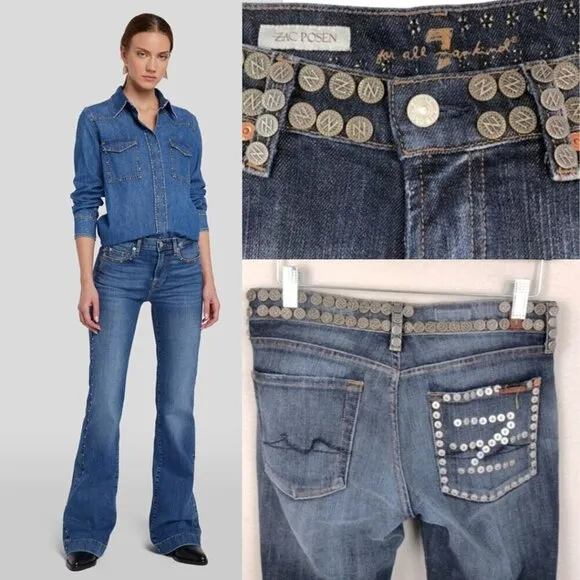 7 for All Mankind Zac Posen Jeans Studded Detail Faded Wash Bootcut Denim 27