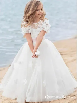 A-Line Scoop Neck White Floor Length Flower Girl Dresses with Appliques, QB0824