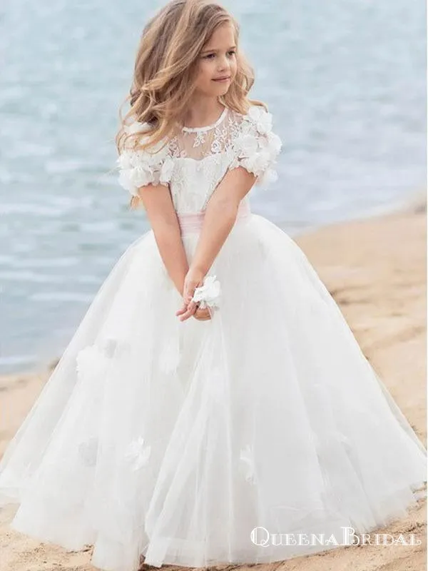 A-Line Scoop Neck White Floor Length Flower Girl Dresses with Appliques, QB0824