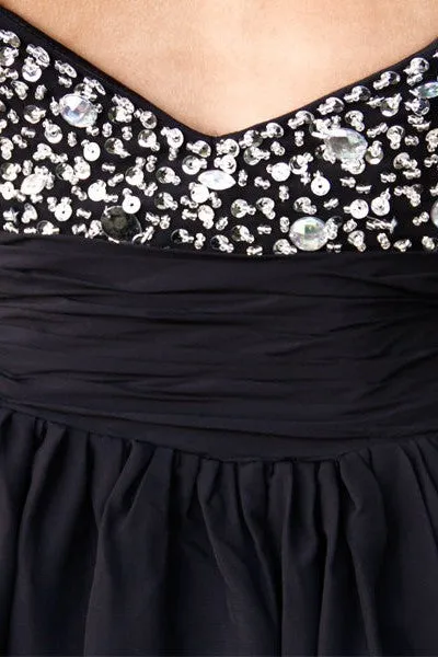 A-line Wide Strap V-neck Knee Length Tulle Rhinestone Prom Dress