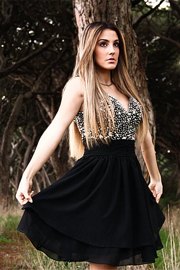 A-line Wide Strap V-neck Knee Length Tulle Rhinestone Prom Dress