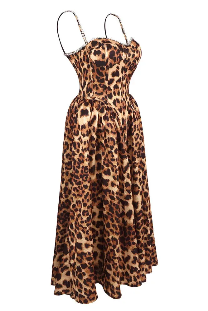 Animal Print Crystal Bustier A Line Midi Dress