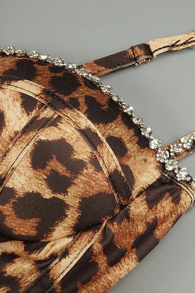 Animal Print Crystal Bustier A Line Midi Dress