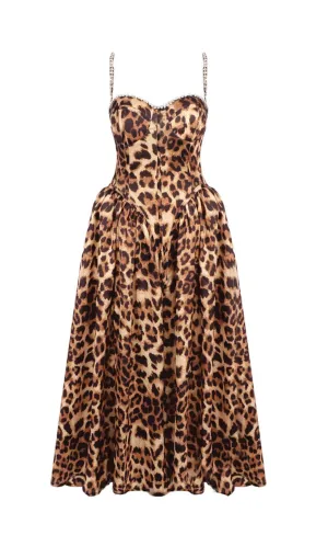 Animal Print Crystal Bustier A Line Midi Dress