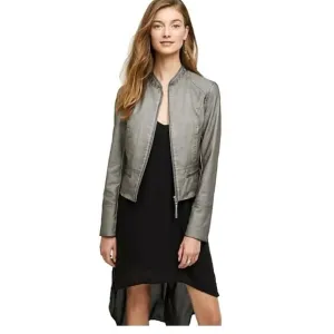 Anthropologie Hei Hei Dara Vegan Leather Jacket Womens Size small Gray Full Zip