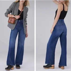 Anthropologie Pilcro Wide Leg Relaxed Waist Crop Yoke Darts Blue Denim Jeans 31