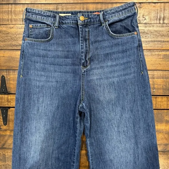Anthropologie Pilcro Wide Leg Relaxed Waist Crop Yoke Darts Blue Denim Jeans 31