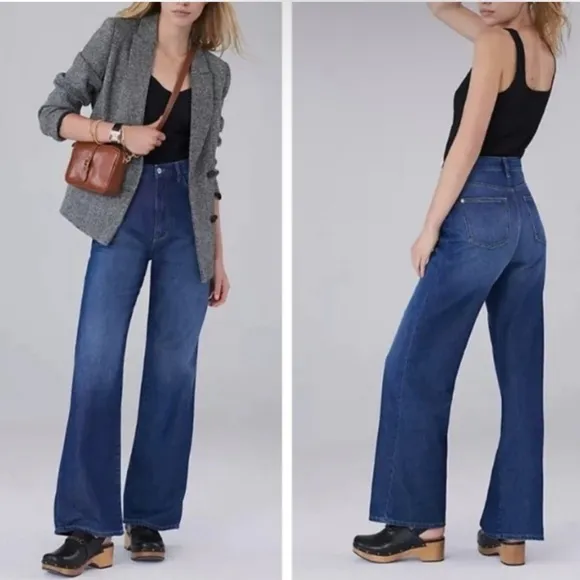 Anthropologie Pilcro Wide Leg Relaxed Waist Crop Yoke Darts Blue Denim Jeans 31