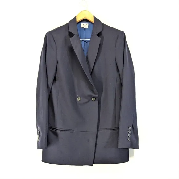 Anthropologie Six Crisp Days Navy Blazer Long line Oversized Double Breasted S