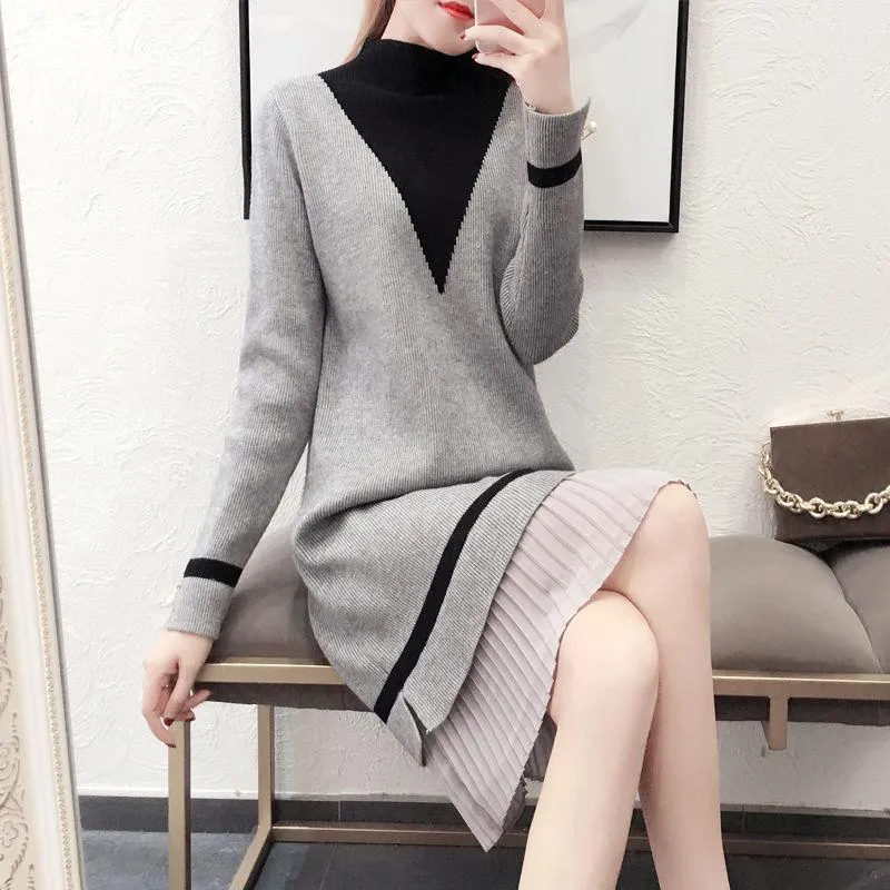 Autumn and Winter Pullover Loose Sweater Skirt Mid-length Versatile Casual Bottoming Shirt Half High Collar Simple Color Matching Sweater Dress