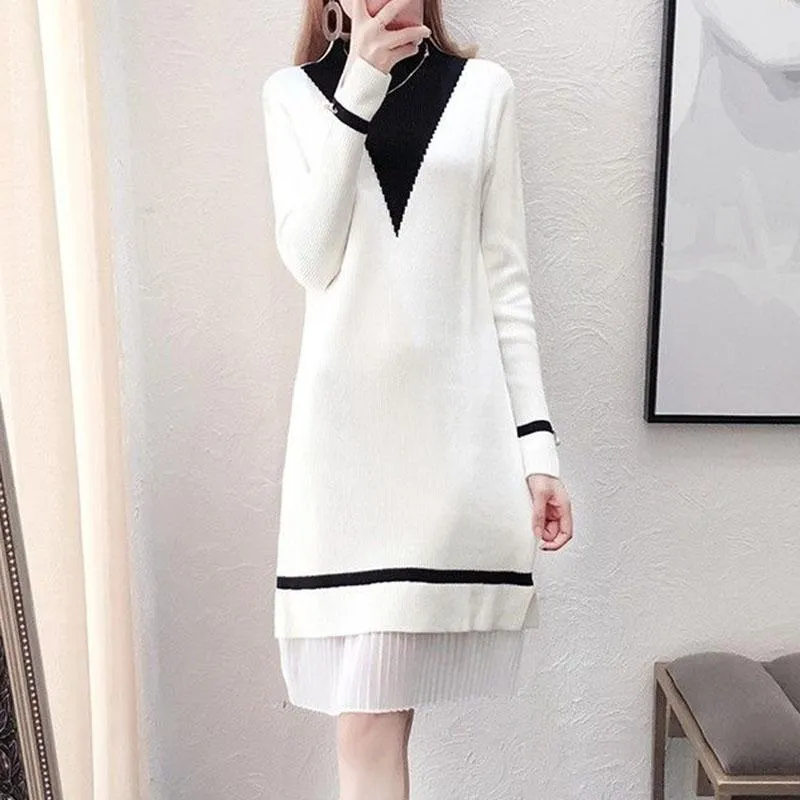 Autumn and Winter Pullover Loose Sweater Skirt Mid-length Versatile Casual Bottoming Shirt Half High Collar Simple Color Matching Sweater Dress