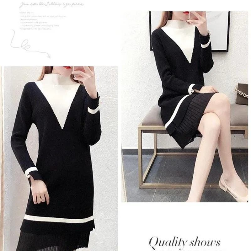 Autumn and Winter Pullover Loose Sweater Skirt Mid-length Versatile Casual Bottoming Shirt Half High Collar Simple Color Matching Sweater Dress