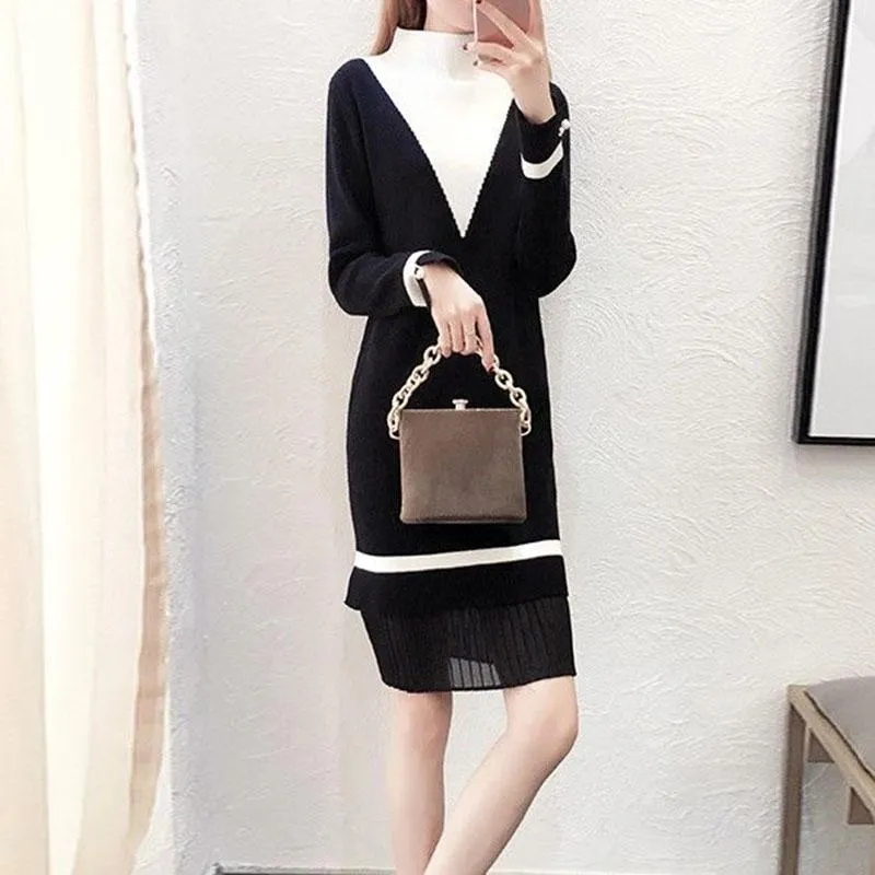 Autumn and Winter Pullover Loose Sweater Skirt Mid-length Versatile Casual Bottoming Shirt Half High Collar Simple Color Matching Sweater Dress