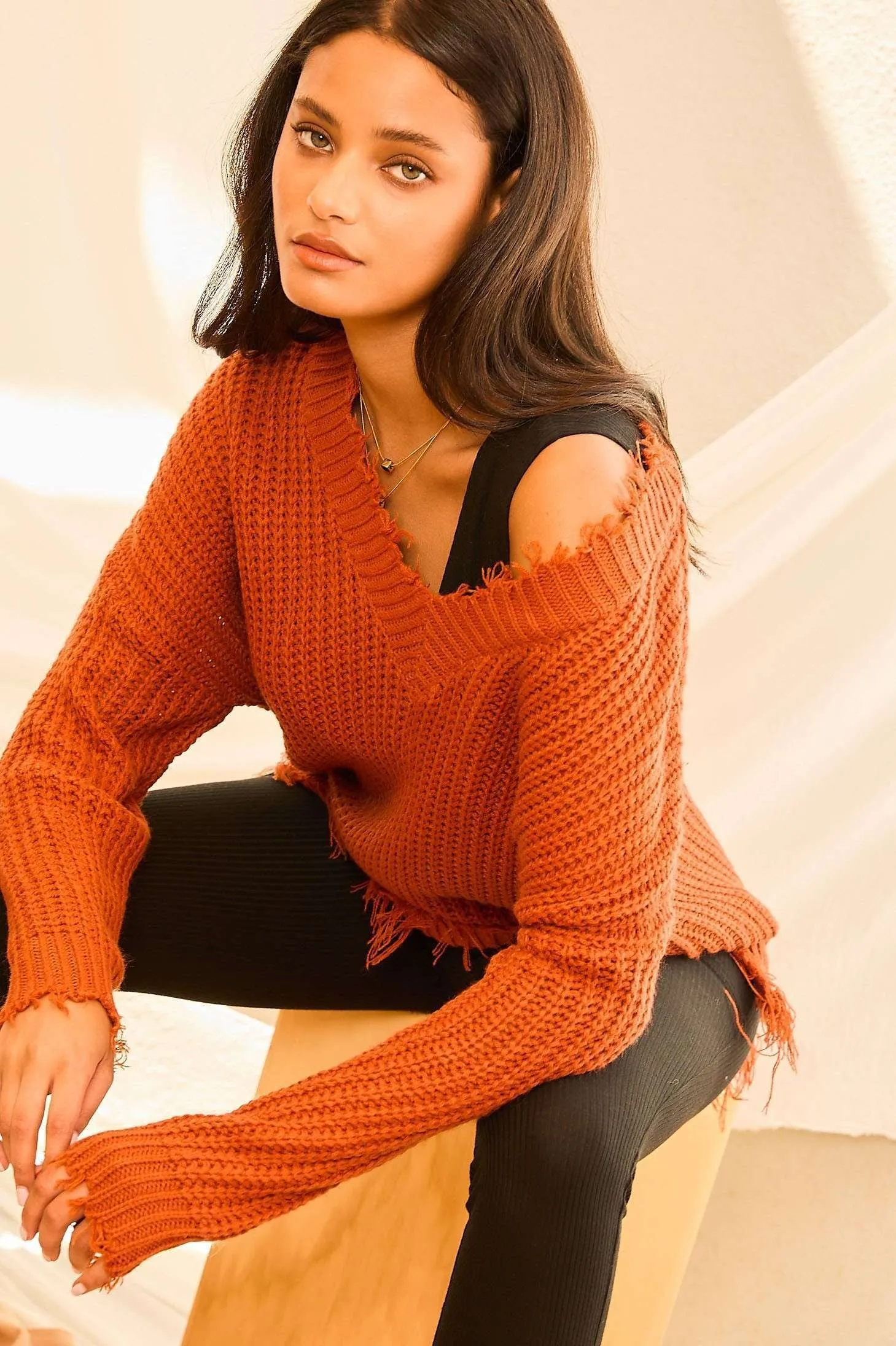 Autumn Frayed Sweater in rust  1X- 3XL * on sale *