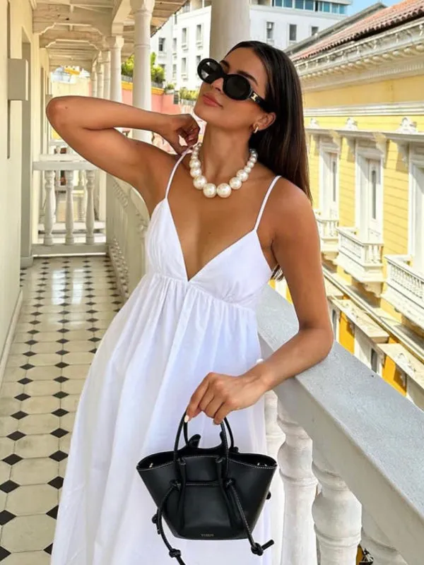 Backless Maxi Dress with V-neck and Thin Straps