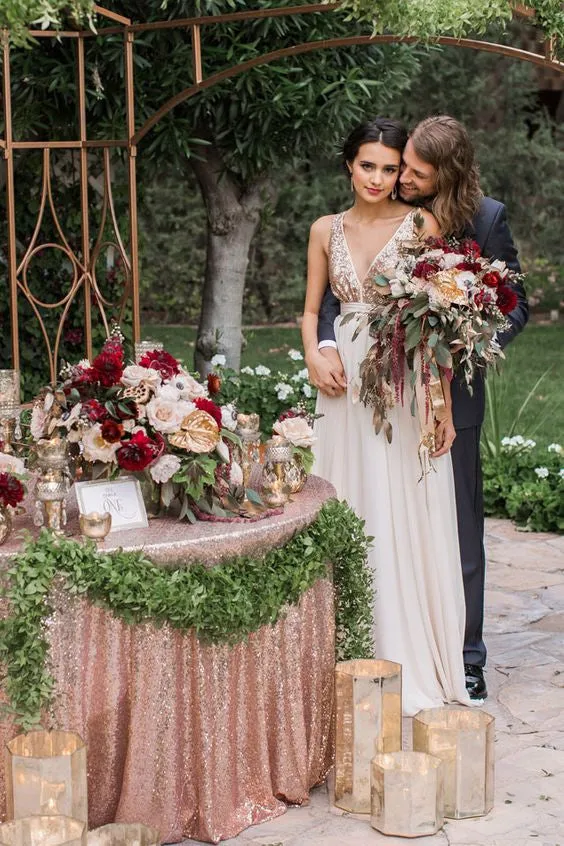 Backless Top Sequin V-Neck Long Bridesmaid Dresses with Bow, BG51316