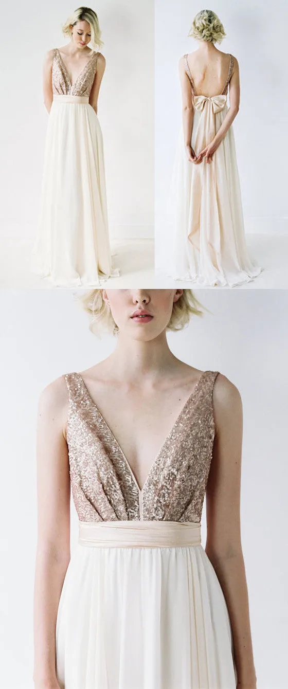 Backless Top Sequin V-Neck Long Bridesmaid Dresses with Bow, BG51316