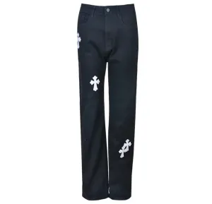 Black Denim Gothic Cross Straight Leg Jeans