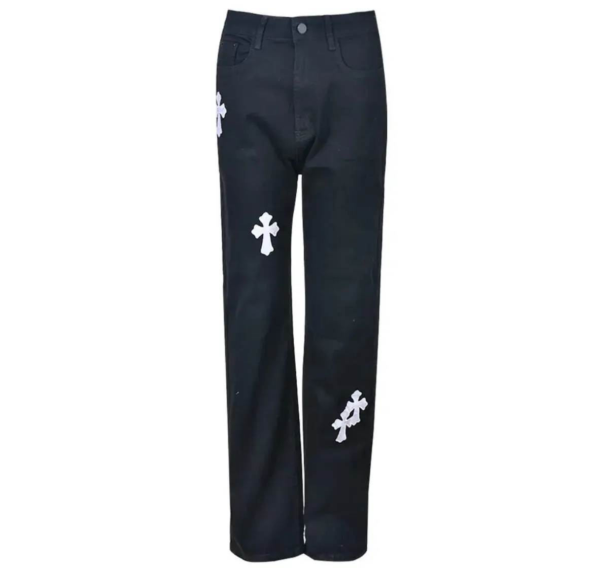 Black Denim Gothic Cross Straight Leg Jeans