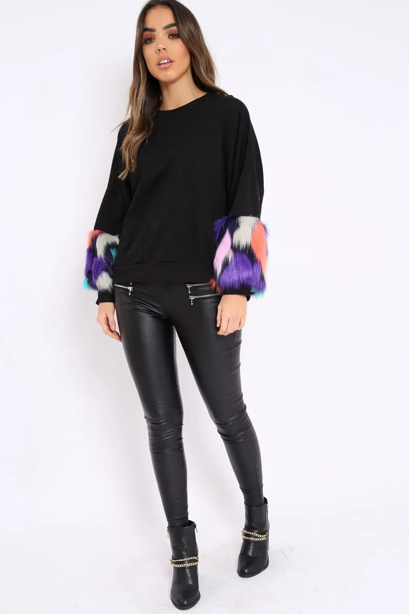 Black Sweatshirt with Multicolour Fur Sleeves - Loise