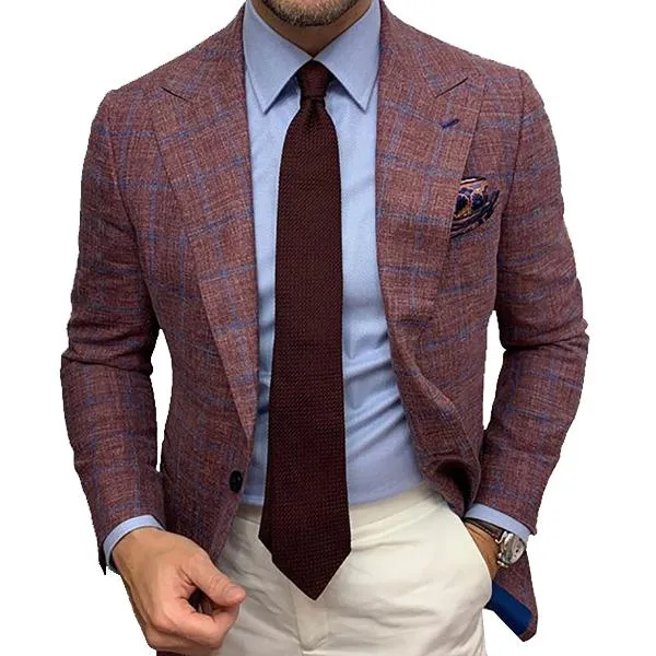 Blazer Manches Longues Vintage et Revers à Carreaux Homme