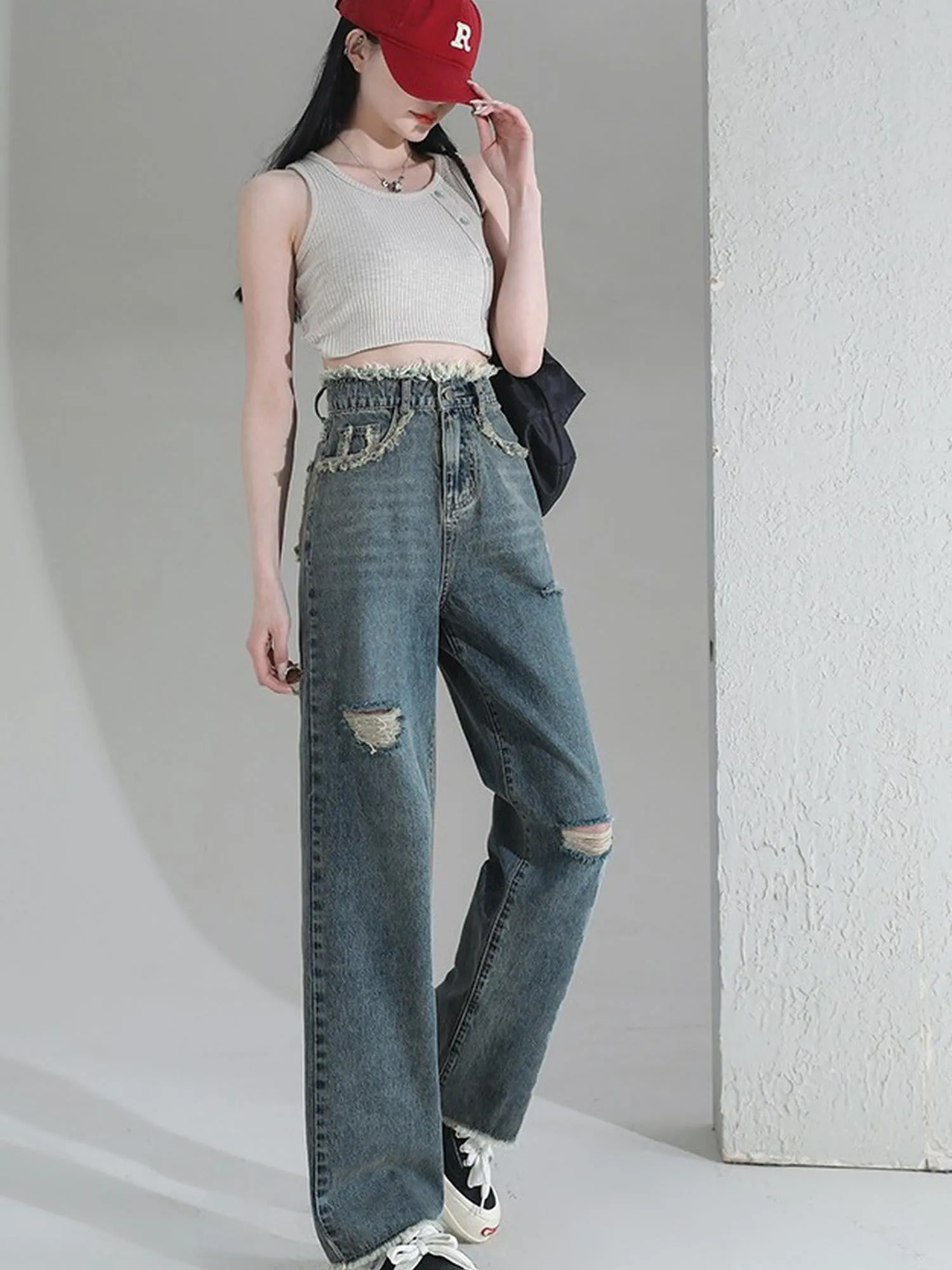 Blue Freyed Waist Band Denim