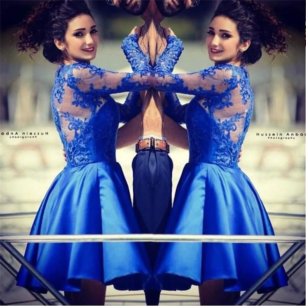 Blue lace long sleeves most popular junior  homecoming dresses for teen , BD00199