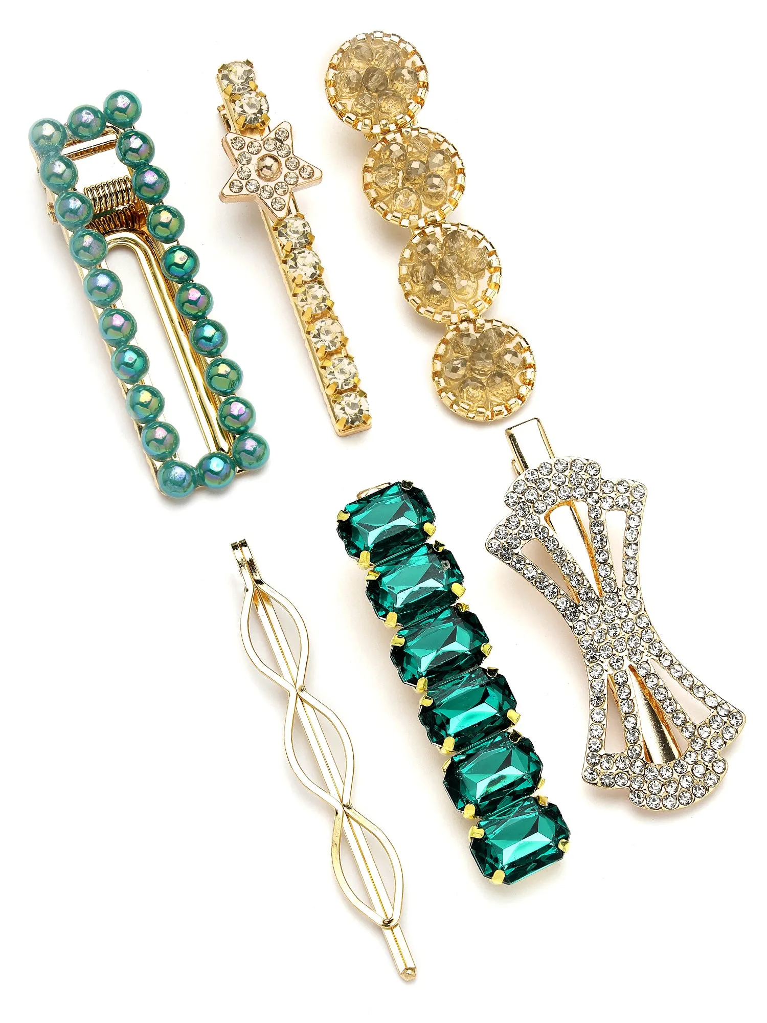 Bohey by KARATCART Set of 6 Gold Plated Embellished Alligator Hair Clips for Women