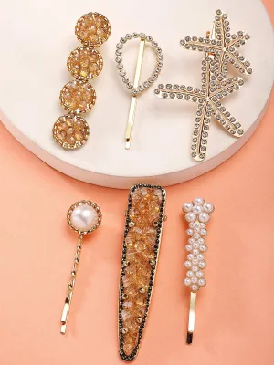 Bohey by KARATCART Set of 6 Gold Plated Embellished Alligator Hair Clips for Women